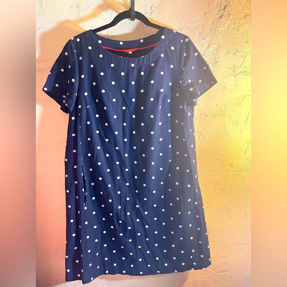 Joules Navy and White Polka Dot dress w pockets 
Cotton summer beach casual